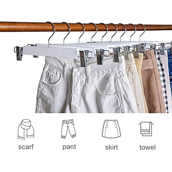 Amber Home 36cm White Wooden Pants Hangers 20pcs, Smooth Wood Skirt Hanger Organizer with Adjustable Anti-Slip Chrome Clips, Space Saving Solid Clothes Hangers Rack for Bottoms Jeans Slacks Trousers
