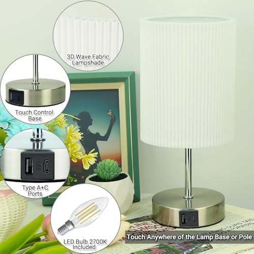 HSLighting Bedside Lamps, Touch Control Table Lamp with Metal Base 3-Way Brightness Changing Dimmable USB A+C Charging LED Light Bulbs Desk Lamp Minimalist Night Light for Bedroom Living Room, 2 Pack