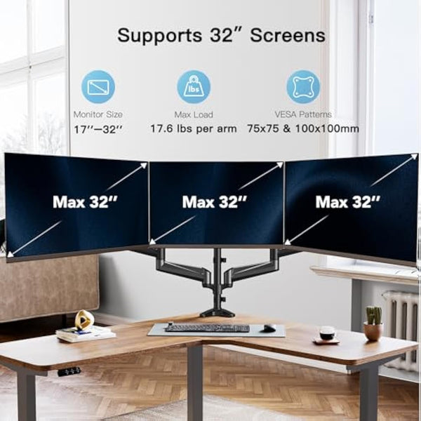 HUANUO Triple Monitor Stand Desk Mount for 17-32 Inch Screens, Adjustable Arms With Tilt, Swivel, 2 Mounting Bases, Each Arm Holds up to 8KG, VESA 75x75 100x100