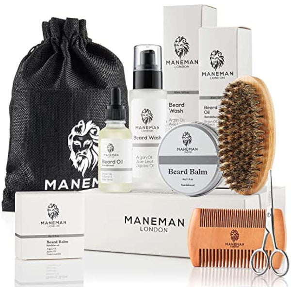Maneman London Beard Grooming Kit for Men - 7 Piece Gift set, shampoo, oil, softens,itch free relief