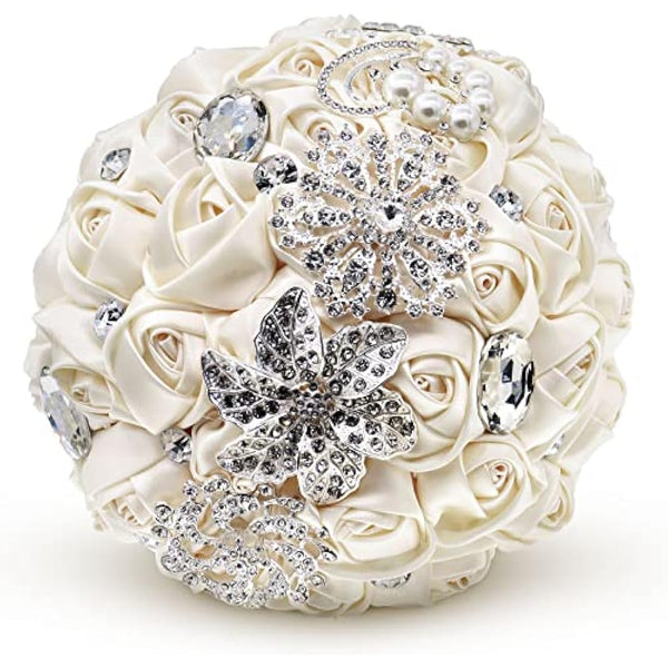 Fouriding Hand Made Diamond Pearl Satin Roses Bridesmaid Bridal Artificial Bouquets Customization Bride Holding Bouquet Wedding for Photo Shooting, Valentine's Day, Birthday,Creystal Creamy White
