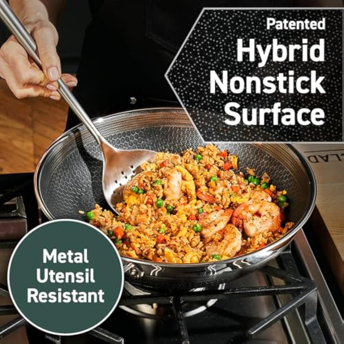 HexClad Hybrid Nonstick Wok, 30 cm, Stay-Cool Handle, Induction Ready, Compatible with All Cooktops