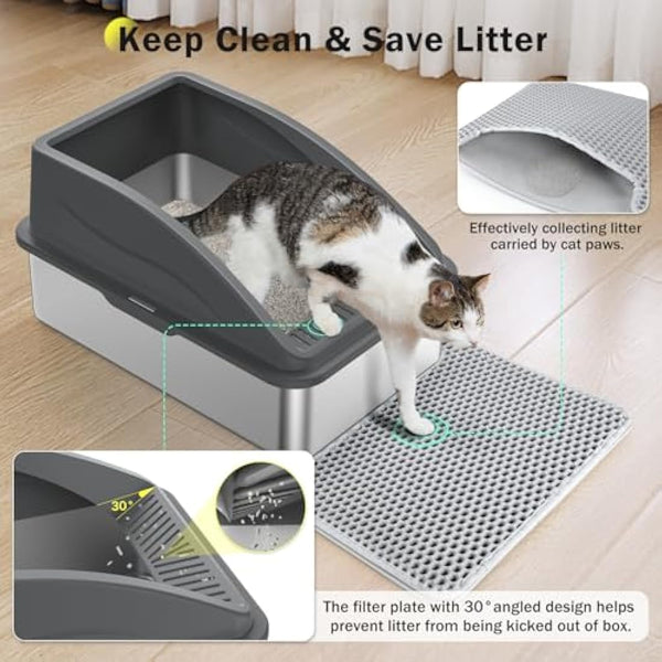 FURTIME Stainless Steel Cat Litter Tray Grey with Detachable Enclosure, 31cm High Sided Cat Litter Box Anti-Spillage and 60cm Extra Large Litter Tray with Lid for All Cats, with Litter Scoop & Mat