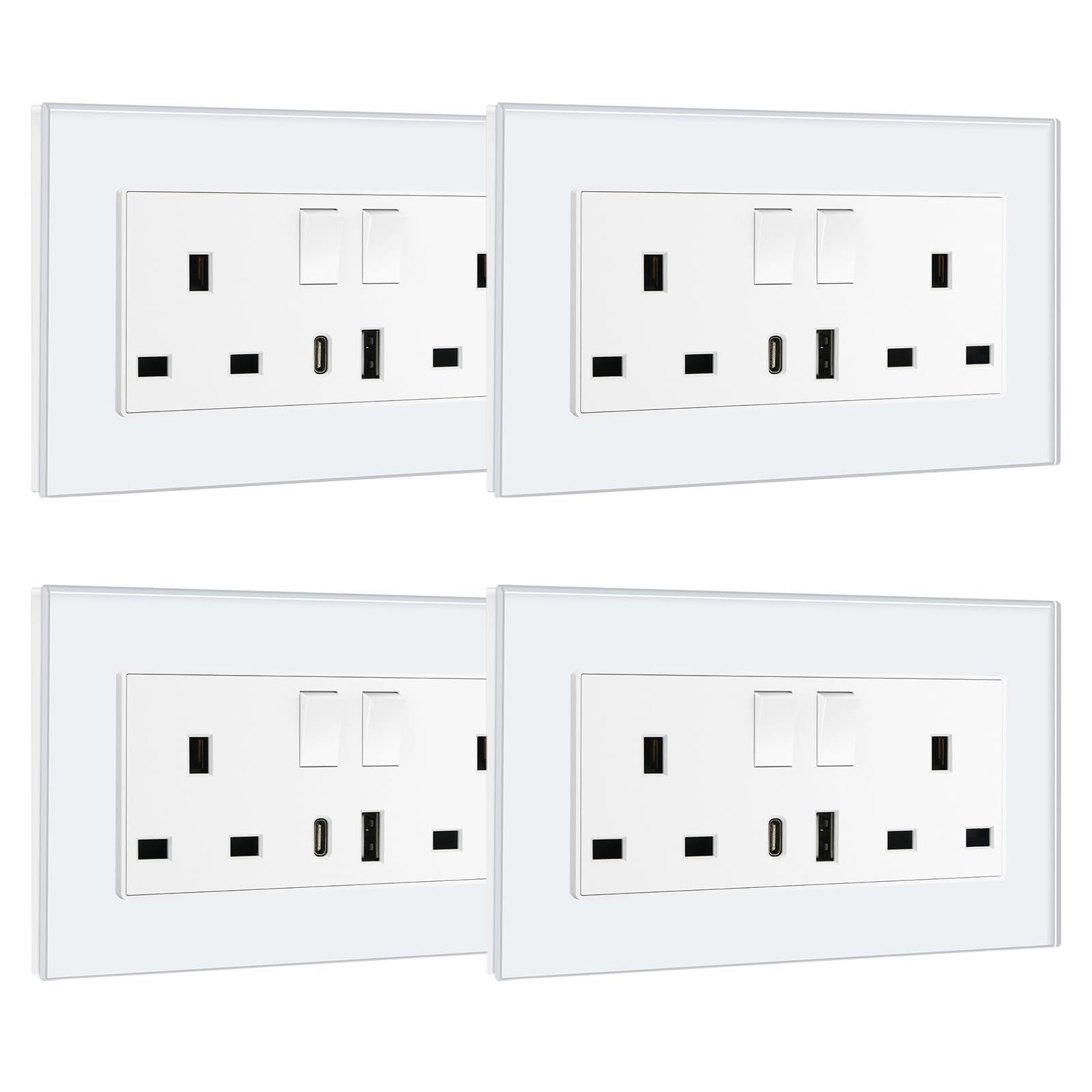 BSEED Double Socket 13A with LED Indicator, Double Switched Wall Socket 2 Gang UK Standard, Electric Switched Plug Power Wall Outlet with Glass Panel, Grey