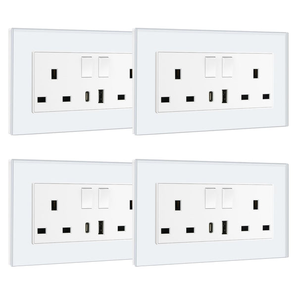 BSEED Double Socket 13A with LED Indicator, Double Switched Wall Socket 2 Gang UK Standard, Electric Switched Plug Power Wall Outlet with Glass Panel, Grey
