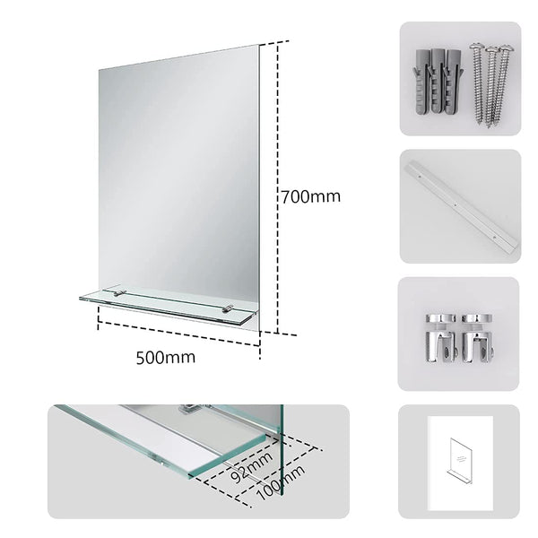 EMKE Frameless Mirror with Shelf - Small Bathroom Wall Shaving Mirror with Storage, Rectangle Vanity Mirrors 50x70cm