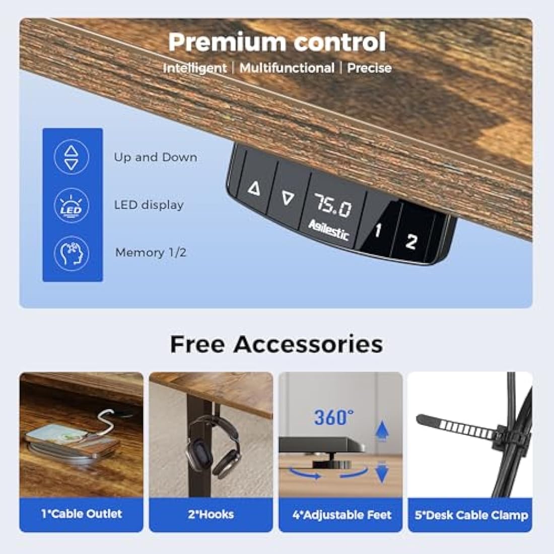 Agilestic Electric Adjustable Height Desk with 2 Drawers, 120 x 60 cm, Stable Sit-Stand Desk with Memory Control, Ergonomic Computer Desk, Brown