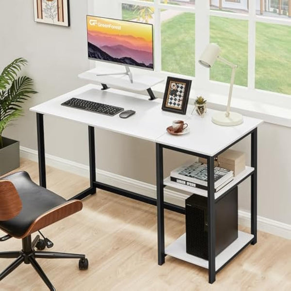 GreenForest Computer Desk with Monitor Stand,120cm Home Office Desk with Reversible Storage Shelves,Study Desk for Small Spaces,White