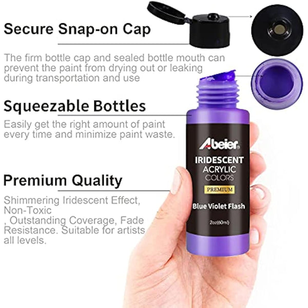 ABEIER Iridescent Acrylic Paint, Set of 18 Chameleon Colours, 2 oz/60ml Bottles, Colour Shifting, Non-Toxic, High Viscosity, Blendable, Paints on Rocks Crafts Canvas Wood, Fabric, Ceramic & Stone