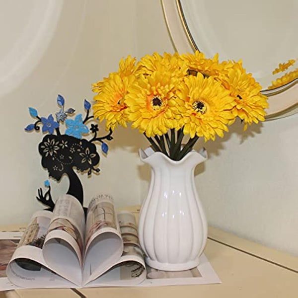 HASWITDA 12PCS Artificial Gerbera Flower Single Stem Bloom Bouquet Plastic Silk Fake Decorative Flora Outdoor Indoor Home Garden Office Hotel Wedding Party Yellow