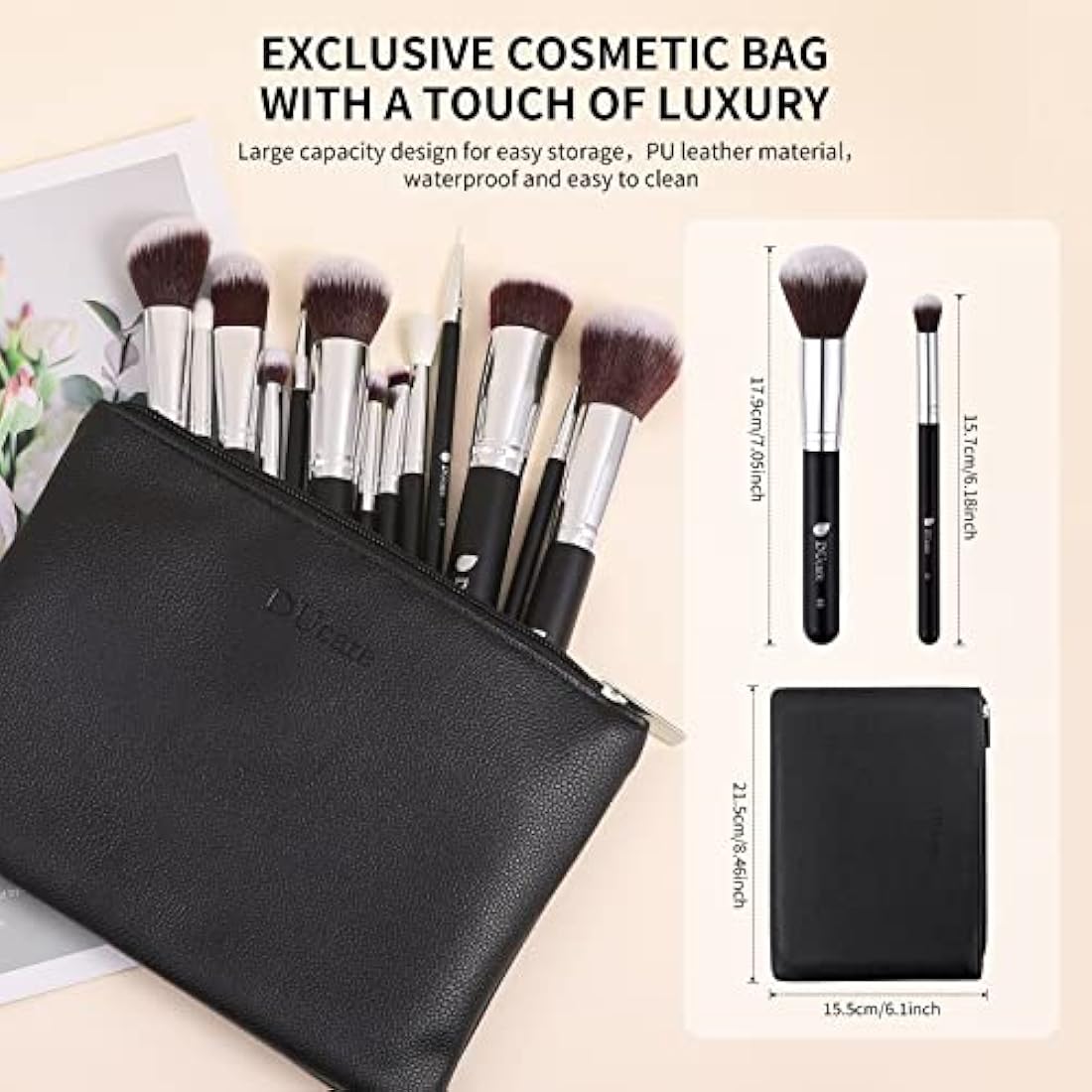 DUcare Makeup Brushes 15pcs Professional Cosmetic Brushes Foundation Powder Contour Blush Cosmetic Eye Brush Sets With Luxury Cosmetic Bag