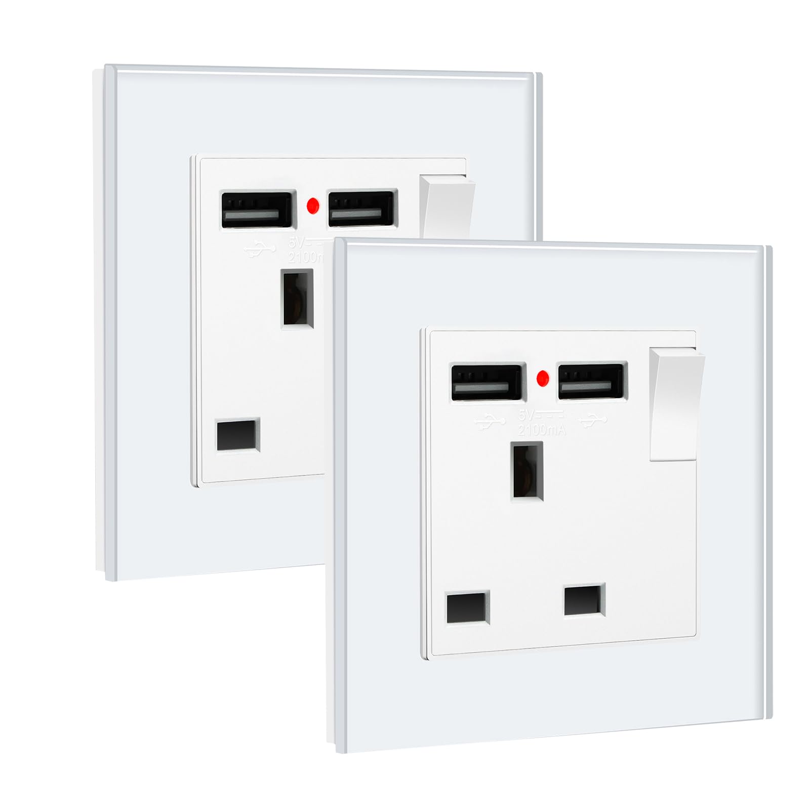 BSEED Double Socket 13A with LED Indicator, Double Switched Wall Socket 2 Gang UK Standard, Electric Switched Plug Power Wall Outlet with Glass Panel, Grey