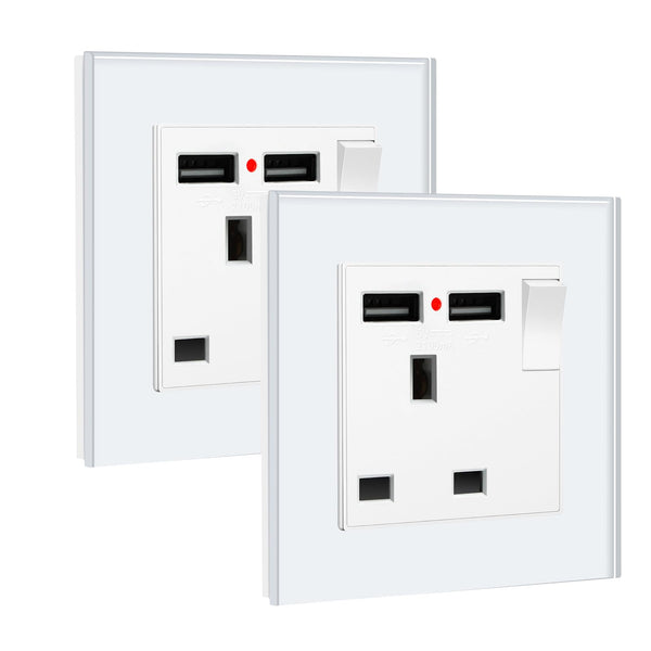 BSEED Double Socket 13A with LED Indicator, Double Switched Wall Socket 2 Gang UK Standard, Electric Switched Plug Power Wall Outlet with Glass Panel, Grey