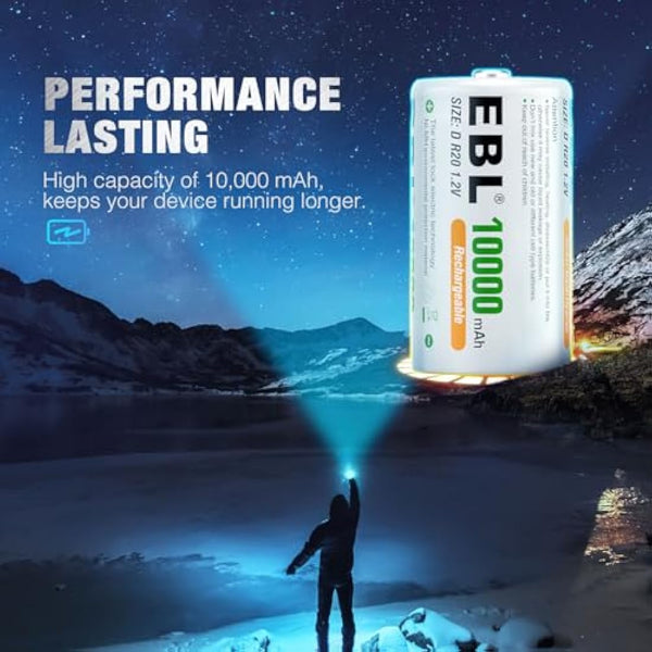 EBL 6 Counts D Rechargeable Batteries 10000mAh High-capacity D Size NiMH Batteries with Durable Storage Case for D Cell Rechargeable Batteries