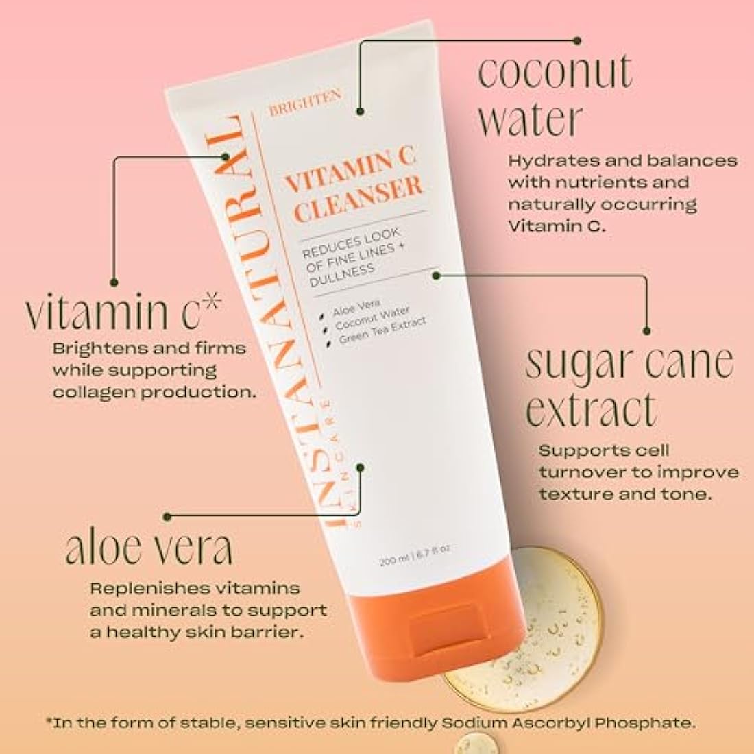 InstaNatural Vitamin C Facial Cleanser - Anti Aging, Breakout & Wrinkle Reducing Face Wash for Clear & Reduced Pores - With Organic & Natural Ingredients - For Oily, Dry & Sensitive Skin - 200 ml