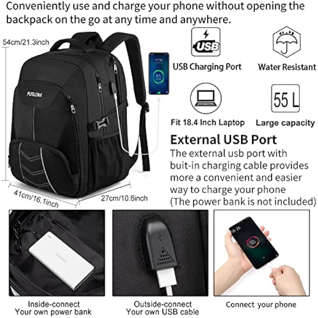 Extra Large Backpack 55L,18.4 Inch Travel Laptop Work Bag with USB Charging Port Big Business Flight Approved TSA Heavy Duty Computer Rucksack for Men Women College School,Black