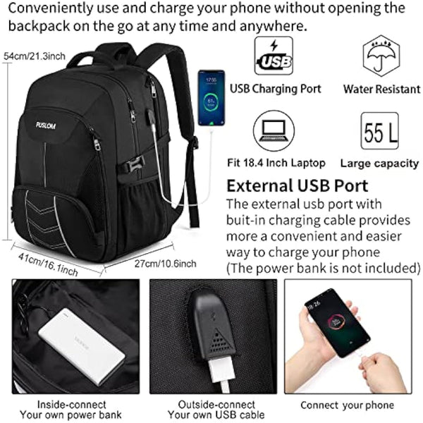 Extra Large Backpack 55L,18.4 Inch Travel Laptop Work Bag with USB Charging Port Big Business Flight Approved TSA Heavy Duty Computer Rucksack for Men Women College School,Black