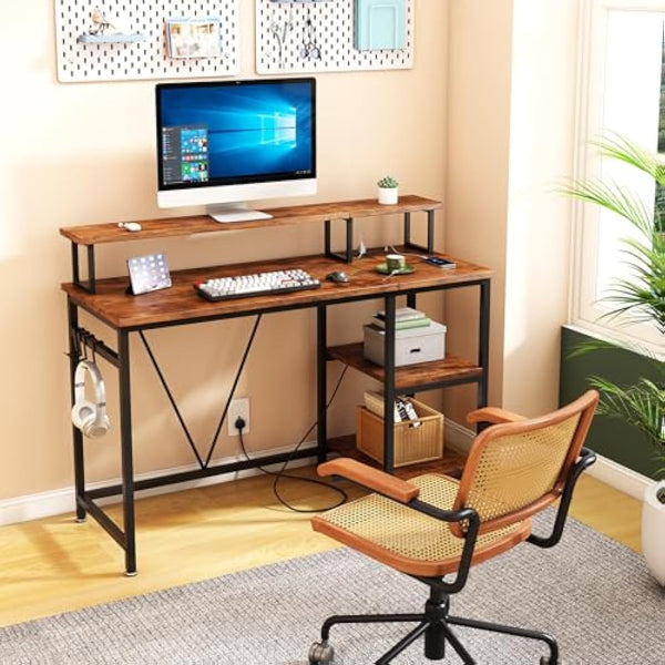 Dripex Computer Desk with Power Outlet, 107.5cm Reversible Desk with Long Monitor Stand, Storage Shelves, Hooks, Work Writing Gaming Table for Home Office
