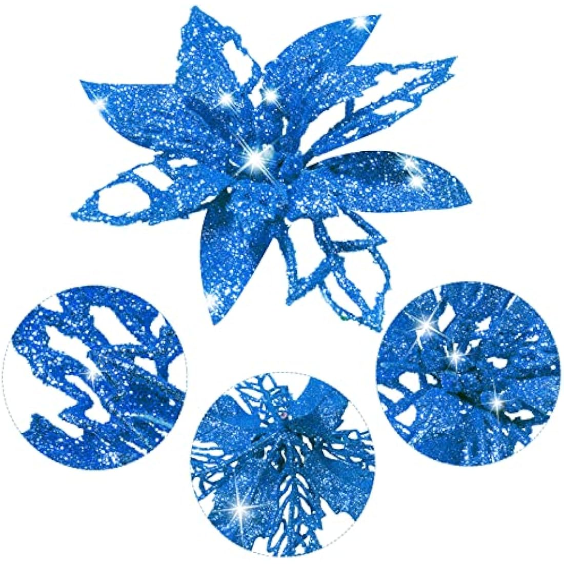 24 Pieces Christmas Glitter Artificial Poinsettia Flowers Christmas Flowers Decorations Wedding Xmas Tree New Year Ornaments (Blue)