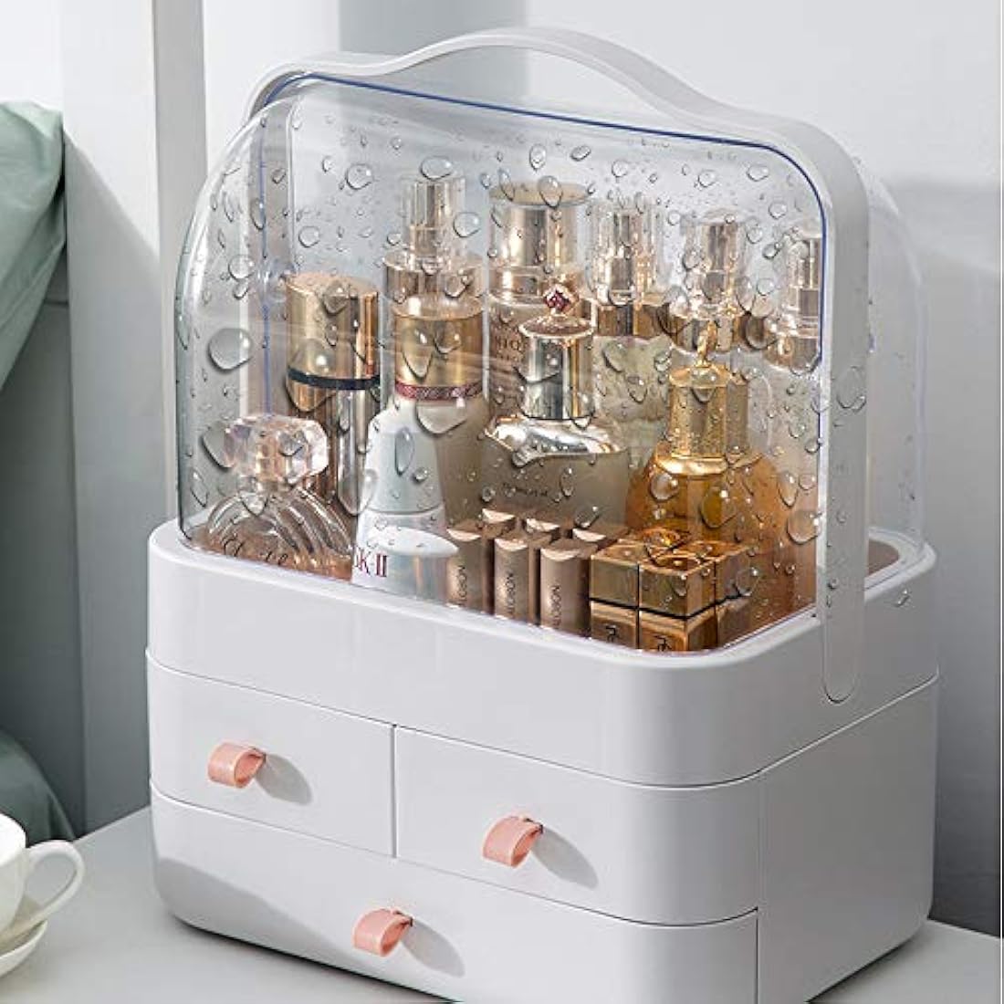 RMAN® Makeup Organiser with Drawers Cosmetics Organiser with Carry Handle Large Perfume and Skincare Organiser for Dresser, Bathroom, Bedroom, Waterproof and Dustproof - Pink