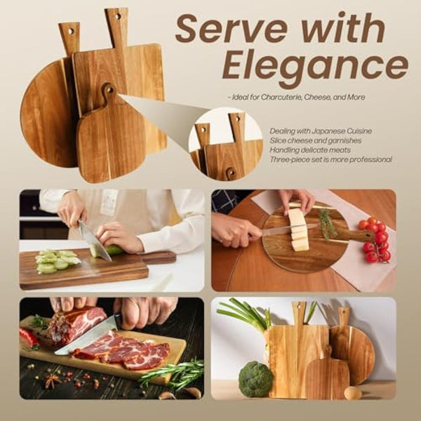 Acacia Round Cheese Board Set 3 Pack with Handles, Wooden Serving Board for Kitchen - Round, Rectangular, and Small Paddle Serving Trays for Cheese, Meat, Pizza, Bread, and Fruits