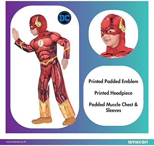 Amscan - Kids The Flash Costume Jumpsuit with Padded Chest Mask Series DC Super Heroes Theme Party Carnival