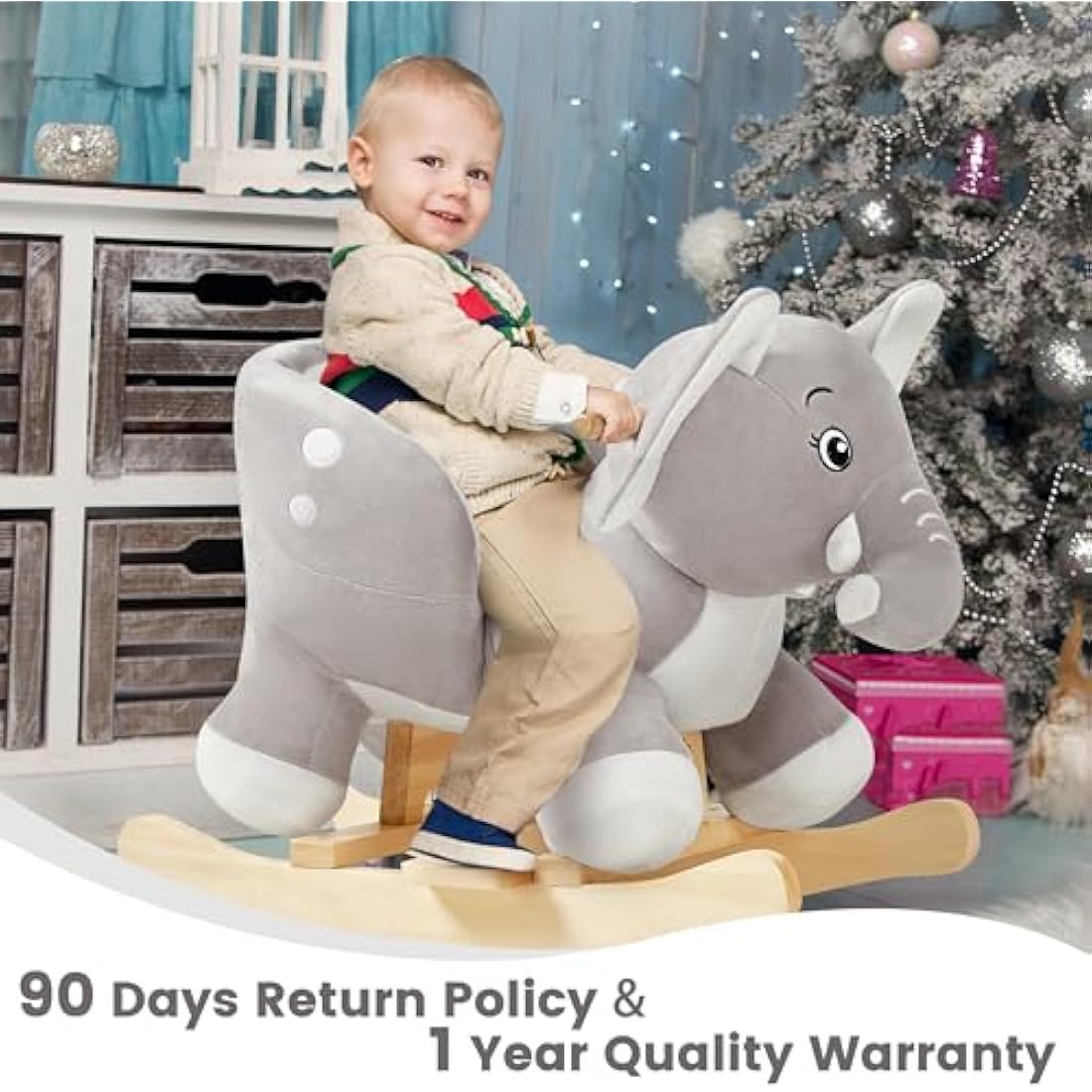 FUNLIO Elephant Baby Rocking Horse for Toddlers 6 Months to 3 Years, Cute & Graceful Grey Elephant Rocker for Baby Girl, Stuffed Plush Ride-on Rocking Animal, Easy to Assemble, CPC & CE Certified
