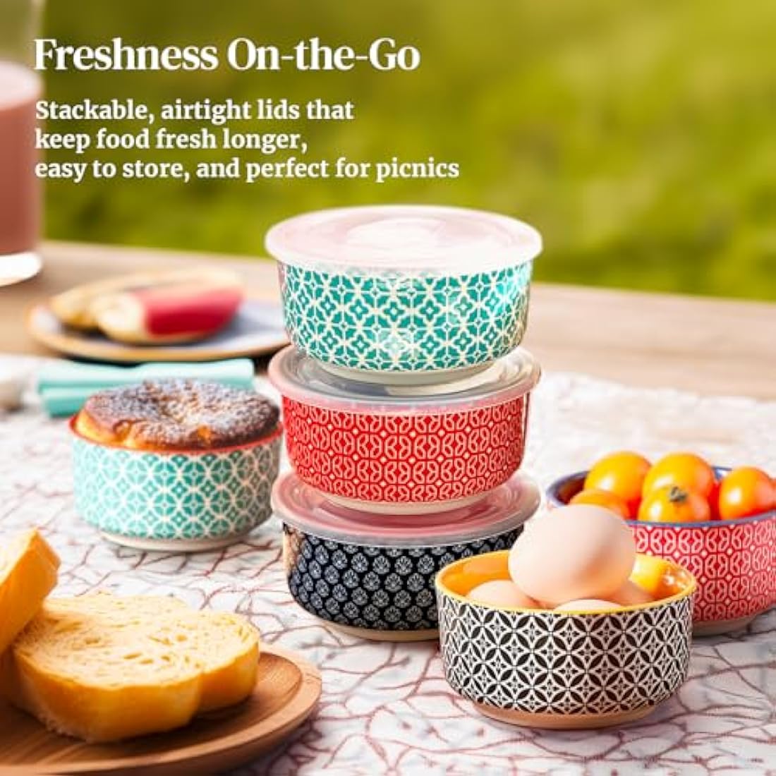 DOWAN Ramekins with Lids, 8 OZ Porcelain Ramekin Dishes for Creme Brulee Soufflé, Egg Mould, Muffin Cases, Mini Dip Bowl, Baking Bowl for Oven & Air Fryer, Vibrant Joy-Pack of 6