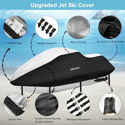 3 Seater Waterproof Jet Ski Cover,Upgraded Heavy Duty 420D PWC Cover with 2 Air Vent Marine Grade UV Resistant for Seadoo,Kawasaki,Waverunner Polaris