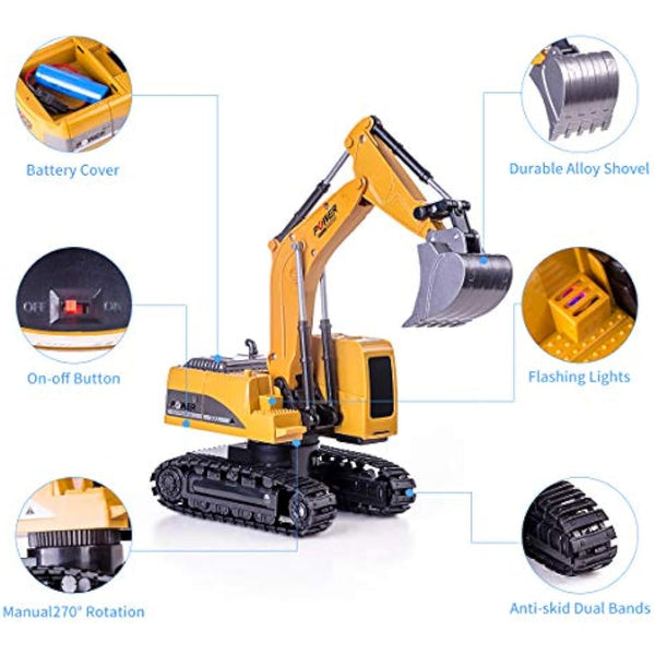 Highttoy Remote Control Excavator Digger Toys for Kids, RC Digger Tractor Toys for Boys Age 3 4 5 6 7 8 Gifts 1:24 Scale 6 Channel Diecast Remote Control Digger Toy with Led & Sound