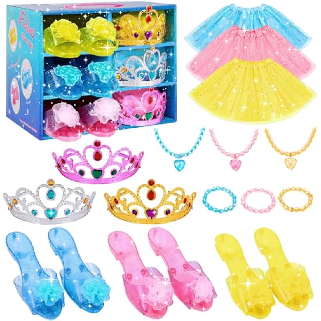 Princess Dress Up Shoes - Girls Princess Toys Costume with 3 Crowns Tiaras, 3 Pairs of Play Shoes, 3 Skirts Princess Accessories for Girls Birthday Gifts for Kids