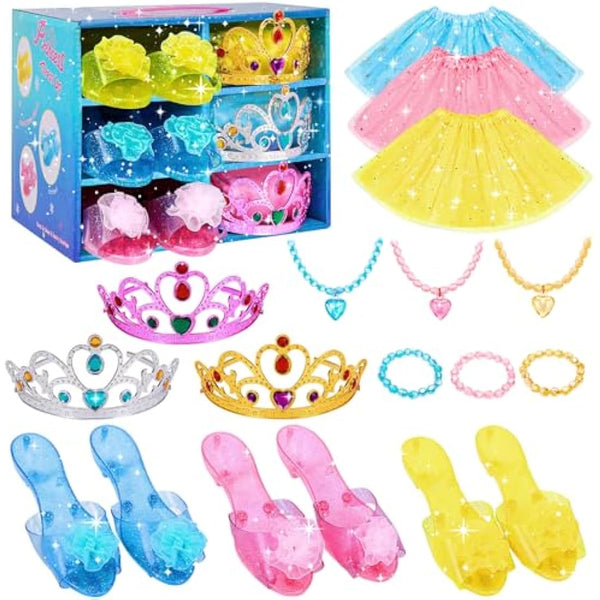 Princess Dress Up Shoes - Girls Princess Toys Costume with 3 Crowns Tiaras, 3 Pairs of Play Shoes, 3 Skirts Princess Accessories for Girls Birthday Gifts for Kids