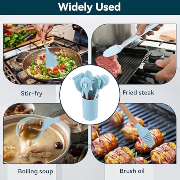 12Pcs Kitchen Utensil Set Silicone Cooking Utensils,Cooking Spatula Turner Heat Resistant Nonstick Cookware with Wooden Handle,Silicone Cooking Utensils Kitchen Utensils Kitchen Tool Gadgets