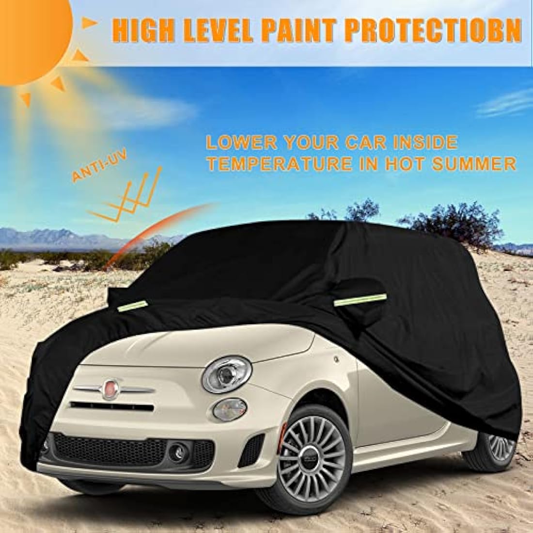Waterproof Car Cover Compatible with Fiat 500/500C/500E/Abarth 500 2007-2022, 4 Layers All Weather Custom-fit Car Cover with Zipper Door & Windproof Strap for Snow Rain Dust Hail Protection