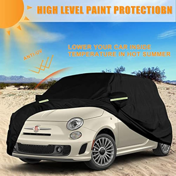 Waterproof Car Cover Compatible with Fiat 500/500C/500E/Abarth 500 2007-2022, 4 Layers All Weather Custom-fit Car Cover with Zipper Door & Windproof Strap for Snow Rain Dust Hail Protection