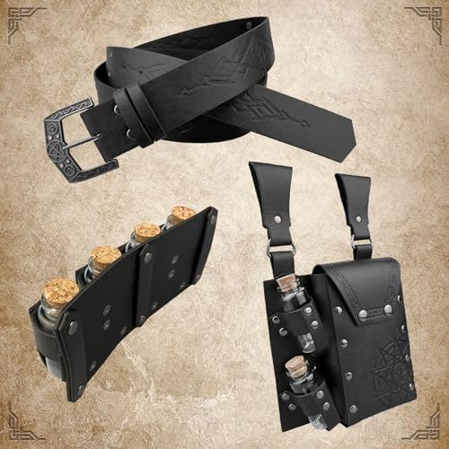 EpicCos 3 PCs Medieval Alchemy Belt Waist Pack Combo with Multiple Potion Bottles, Viking Rivet Belt Side Pouch for Cosplay (Black D)