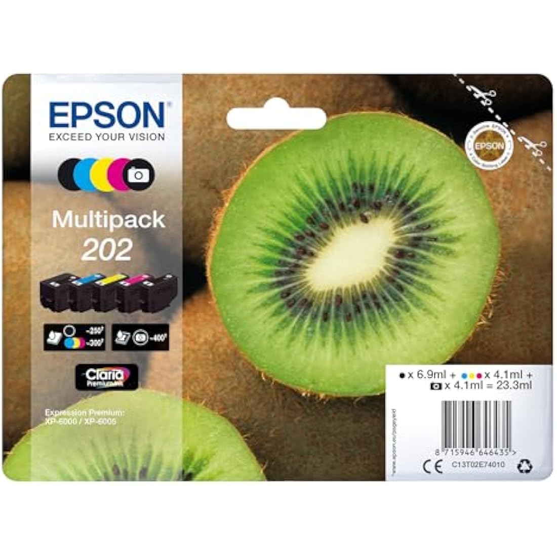 Epson 202 Kiwi Genuine Multipack, 5-colours Ink Cartridges, Claria Premium Ink, Black/Yellow/Magenta/Cyan, Standard Capacity