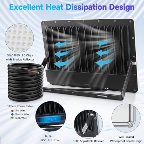 TASINUO 300W LED Floodlight Outdoor, 30000LM Outdoor Security Lights, IP67 Waterproof LED Spot Lights 7000K Daylight LED Flood Lights for Garden, Yard, Garages, Warehouse, Patio, Billboard