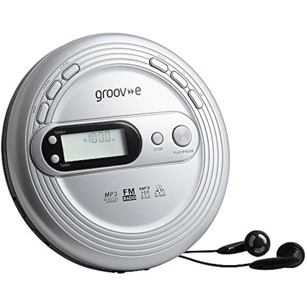 groov e RETRO Radio CD Player - Personal FM Radio with CD-R, CD-RW, & MP3 Music Playback - Anti-Skip Protection, Programmable Tracks - Earphones Included - Micro-USB or Battery Powered - Silver