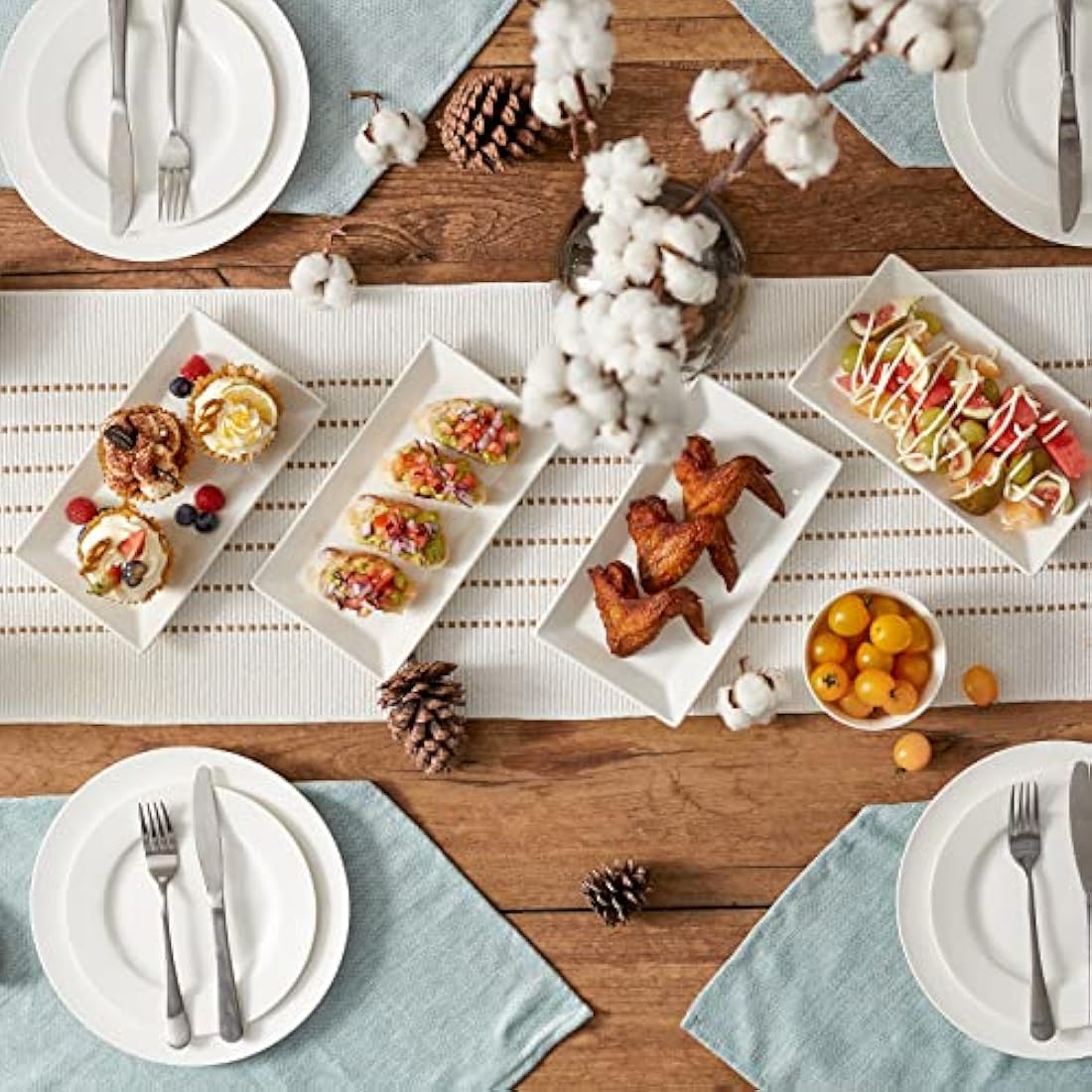 DOWAN Serving Platter – 12" x 6" White Ceramic Rectangular Plates – Set of 4 Oblong Porcelain Dishes for Sushi, Appetisers, Party Food, Steak, Cake, Dessert – Dishwasher Safe