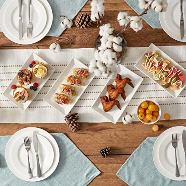 DOWAN Serving Platter – 12" x 6" White Ceramic Rectangular Plates – Set of 4 Oblong Porcelain Dishes for Sushi, Appetisers, Party Food, Steak, Cake, Dessert – Dishwasher Safe