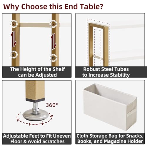Aibiju Narrow Side Table,3-Tier Slim End Table with Fabric Basket, Modern Sofa Table for Narrow and Small Spaces,with Gold Metal Frame,White YD-TM052J