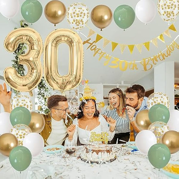 30th Birthday Decorations for Women Men, Happy Banner With Cake Topper Number 30 Foil Balloon, Sage Green White Gold Balloons for 30 Year Old Party Decoration