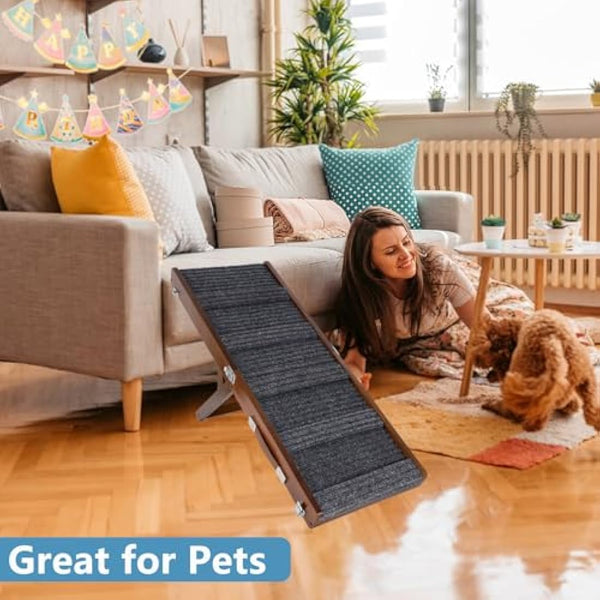 Umtiti Brown Wooden Framed Folding Portable Pet Ramp. 4 Levels Adjustable 9" to 17.3" with Non-Slip 5 Paw Traction Mat for Small Medium Doggie. Dog Ramps-80penBN,UK