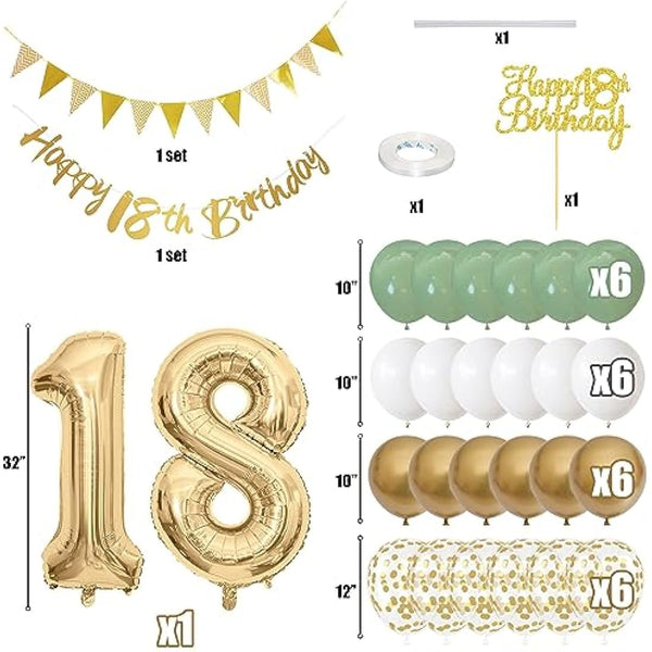 18th Birthday Decorations - Happy 18th Banner, Cake Topper, Foil Balloons in Sage Green, White, Gold for 18 Year Old Party