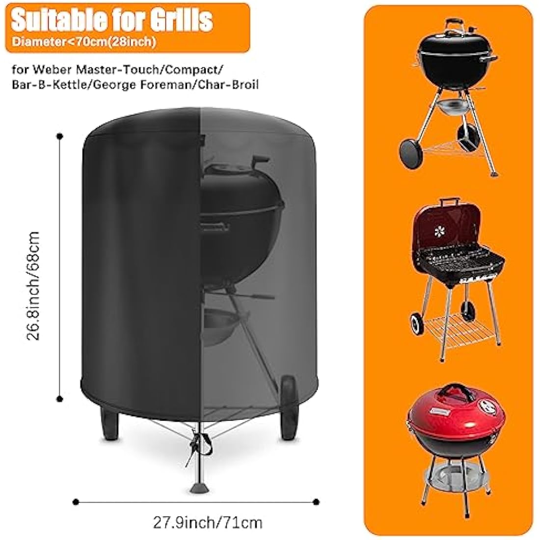 Raweao Kettle BBQ Cover 57cm for Weber, Waterproof Round Barbecue Cover 500D Oxford Weatherproof Compact BBQ Cover for Weber Spirit bbq(Φ71x68cm)