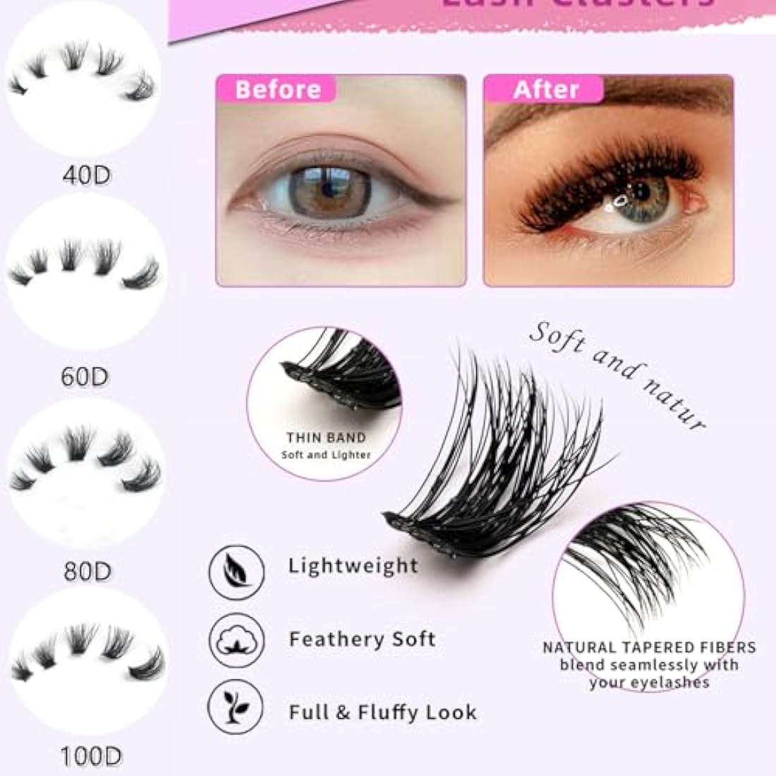 FANDIQ Fluffy Individual Eyelashes Cat Eye Cluster Lashes 252PCS Fluffy Individual Cluster Eyelashes 8-16MM Natural Cluster Lashes Left&Right Fox Eye Lashes Clusters for Beginners(40D)