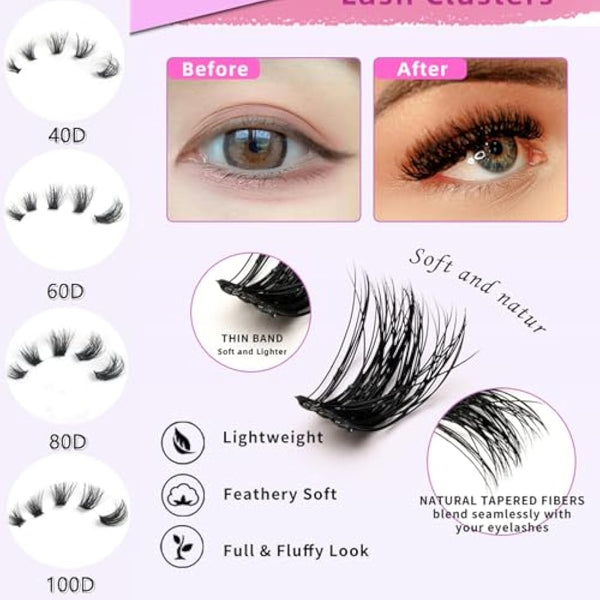 FANDIQ Fluffy Individual Eyelashes Cat Eye Cluster Lashes 252PCS Fluffy Individual Cluster Eyelashes 8-16MM Natural Cluster Lashes Left&Right Fox Eye Lashes Clusters for Beginners(40D)
