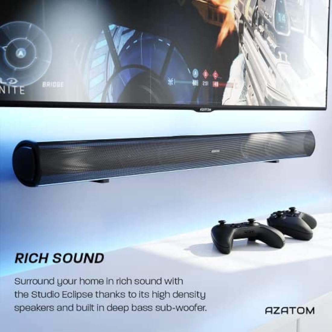 AZATOM Soundbar with Built-In Subwoofer | 180W Surround Sound | Bluetooth, Large Remote & Optical Cable Included | Home Theatre Audio System Perfect for Living Rooms and Bedrooms Studio Eclipse
