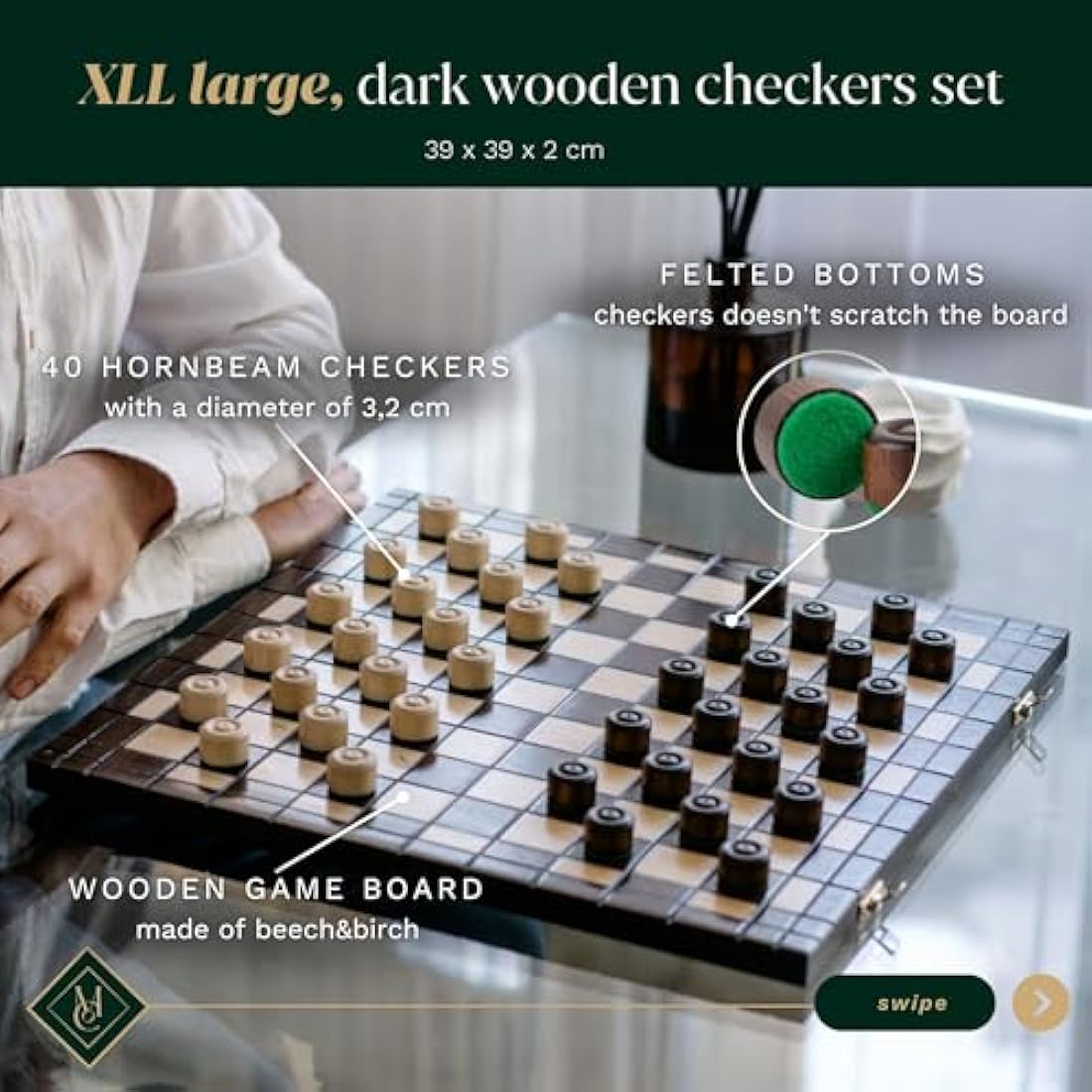 Wooden Checkers 100 Squares XXL CHECKERS | Master Of Chess | Folding Chess Board 39x39 cm | Handcrafted Travel Draughts Set - Draughts Board Game for Kids and for Adults